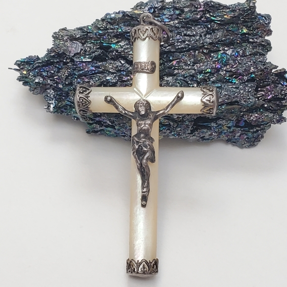 Antique French Mother of Pearl Cruxific 1800 Pendant Sterling Silver Large - Picture 4 of 11